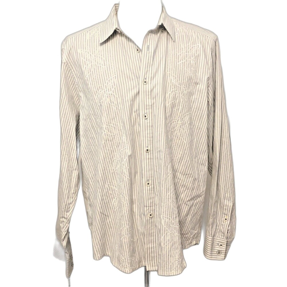 TOMMY BAHAMA Jeans Embroidered Floral Mens L Cotton White Blue Striped L/S Shirt